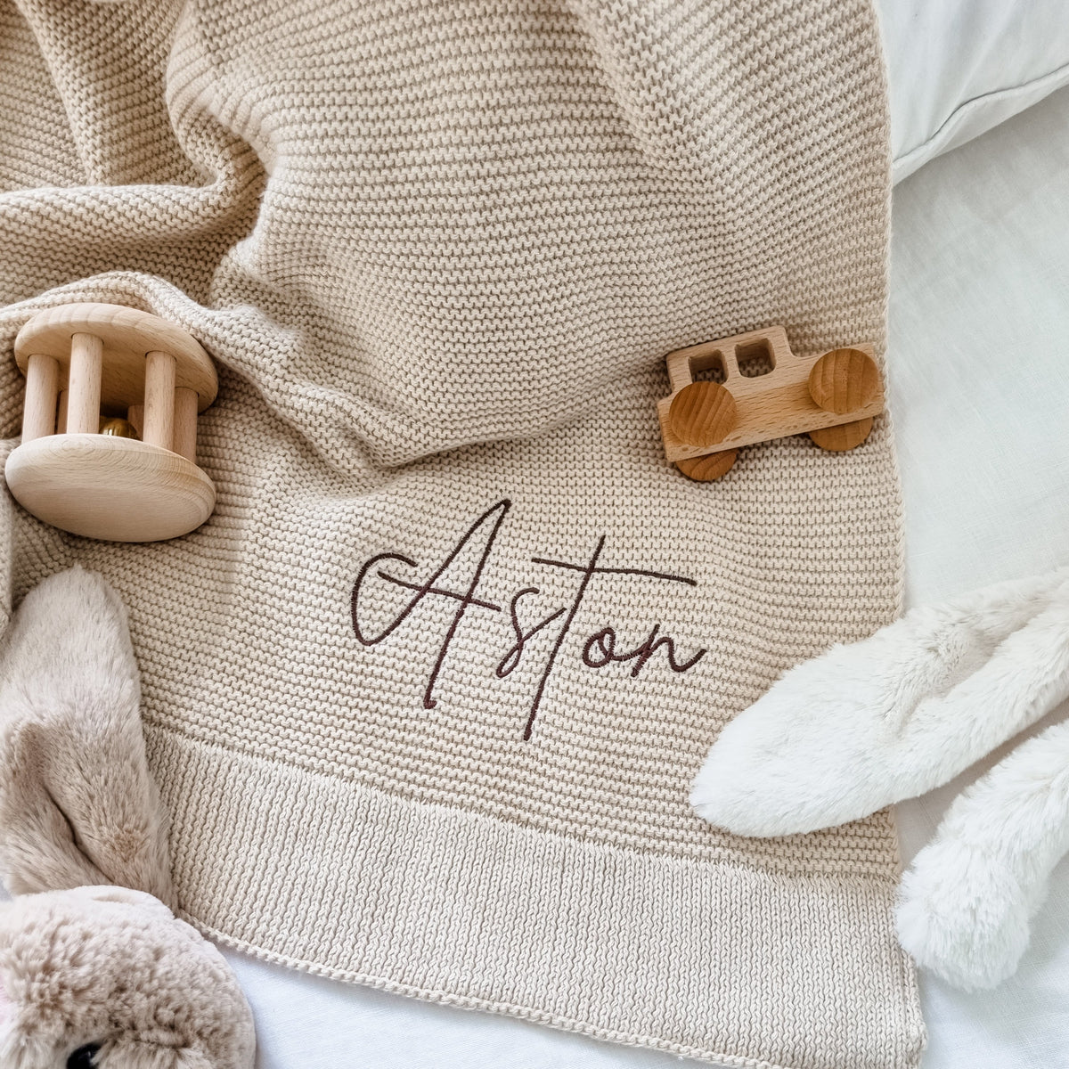 Personalised Baby Blanket Knitted Oatmeal Oti Marn